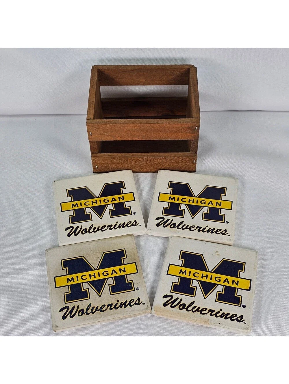 Vtg Michigan Wolverines Coaster Set of 4 w/ Rustic Wood Crate Holder Farm Fresh